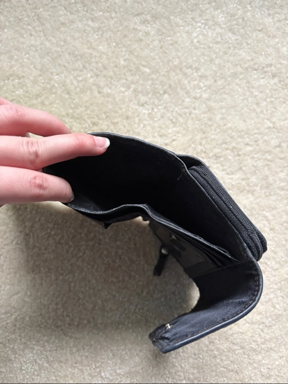 Fossil Leather Tri Fold Wallet Black Classic Zip Pocket